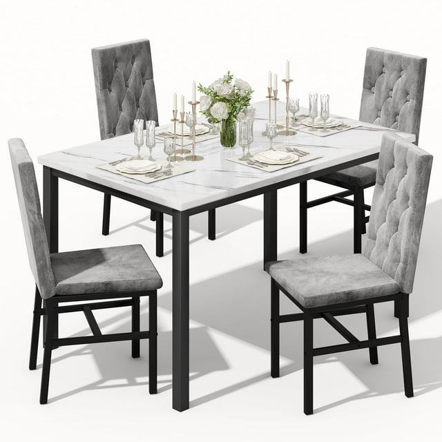 Furlinkhm Dining Table Set for 4, Faux Marble Small Kitchen Table Chairs Set of 4 with Luxurious Button Tufted Dinner Chairs for Kitchen and Dining
