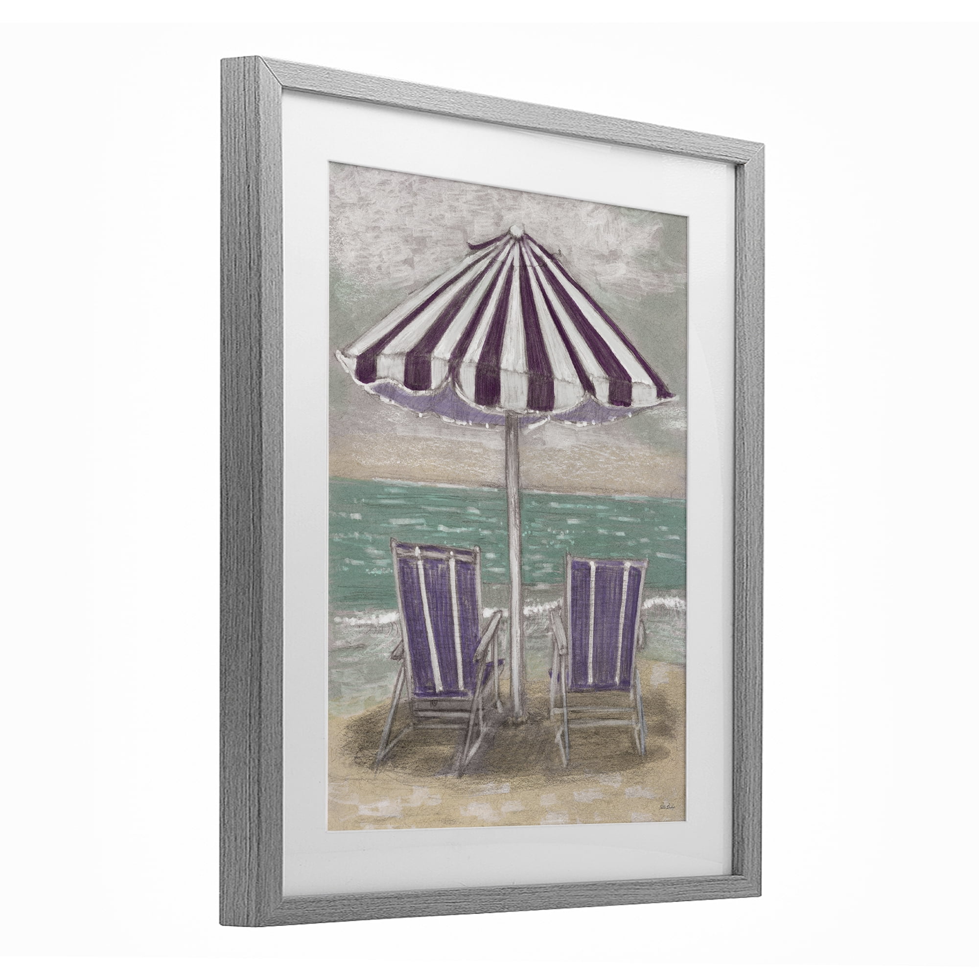 Stupell Industries Umbrella & Chairs on Beach Gray Framed Print Under Glass, design by Patti Bishop
