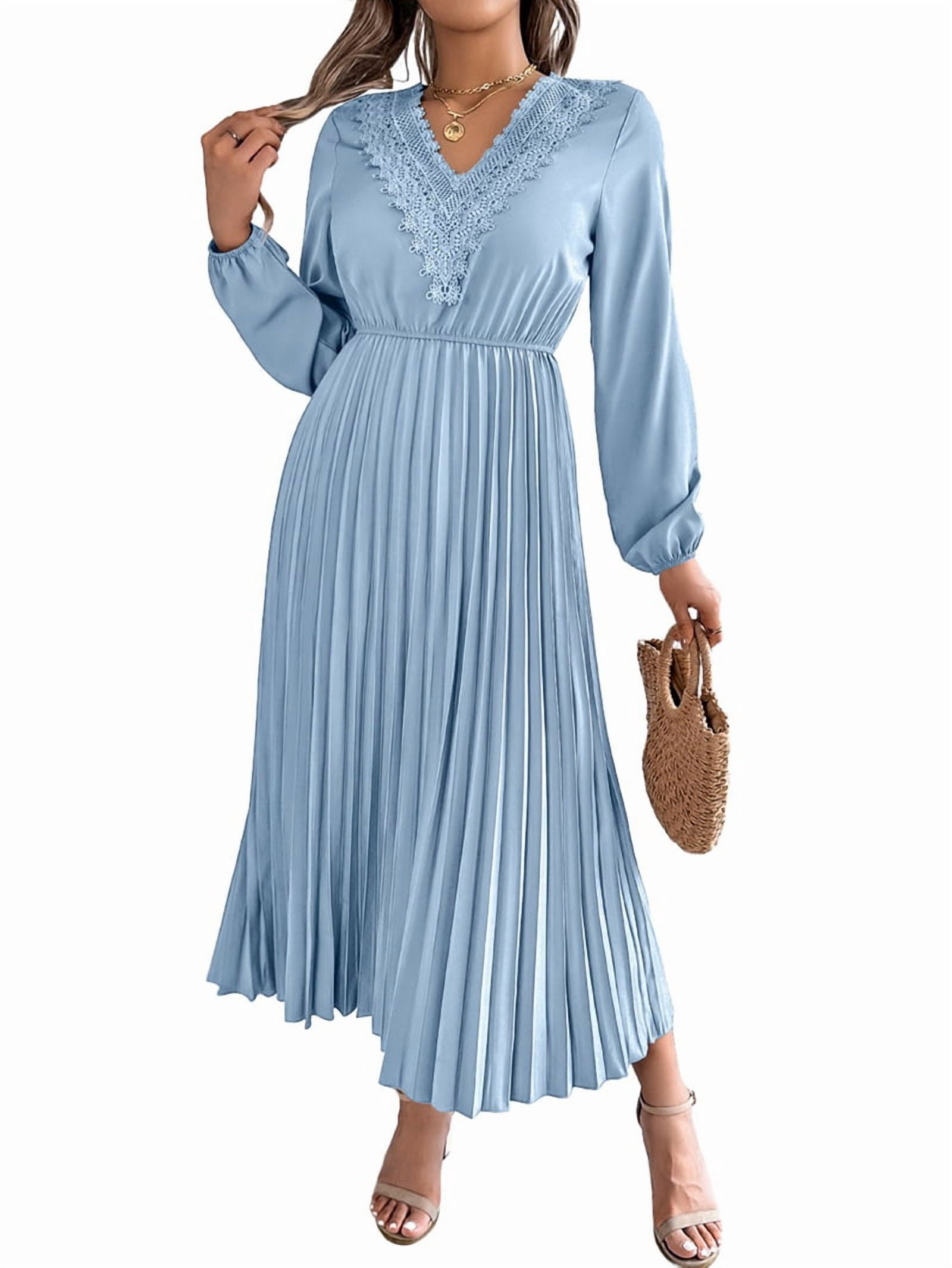 Women Fall Long Sleeve Dress Casual V Neck Pleated A Line Light Blue M