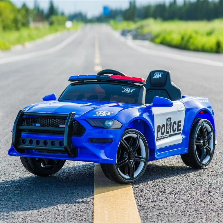 Zimtown 12V Kids Ride On Police Car w Remote Control LED Lights Siren Microphone Blue