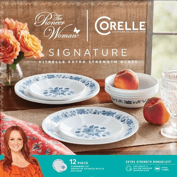 The Pioneer Woman by Corelle 12-Piece Dinnerware Set, Evie, Blue