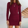 thumbnail image 2 of Ygbgbb Womens Fall Dresses Long Sleeve Dresses Solid Color Pleated Slim Waist Hip Casual Round Neck Mini Dresses Wine M, 2 of 7