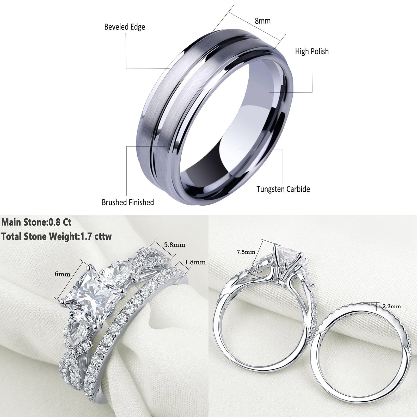 Newshe Jewellery Wedding Rings Set for Him and Her AAAAA Cz Women Mens Tungsten Wedding Bands Promise Couples Rings Size 8&5