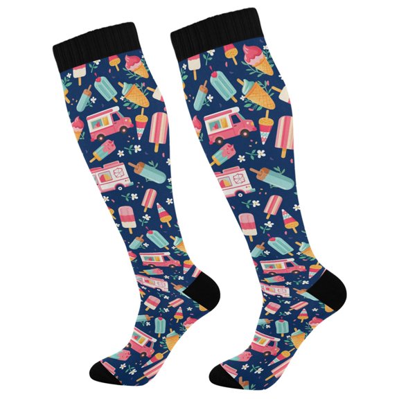 FORMRS Womens Knee High Socks Casual Long Thick Travel Daily Wear, 1 Pair, Pink Cartoon Truck Pattern