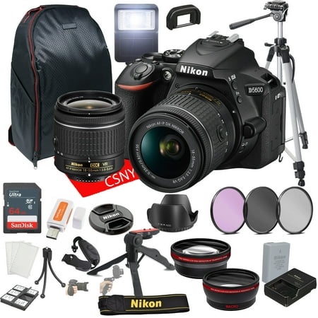 Nikon D5600 DSLR Camera Kit with 18-55mm VR Lens+ 64GB Memory + Back Pack Case + Tripod , Lenses, Filters, & More (28pc Bundle)