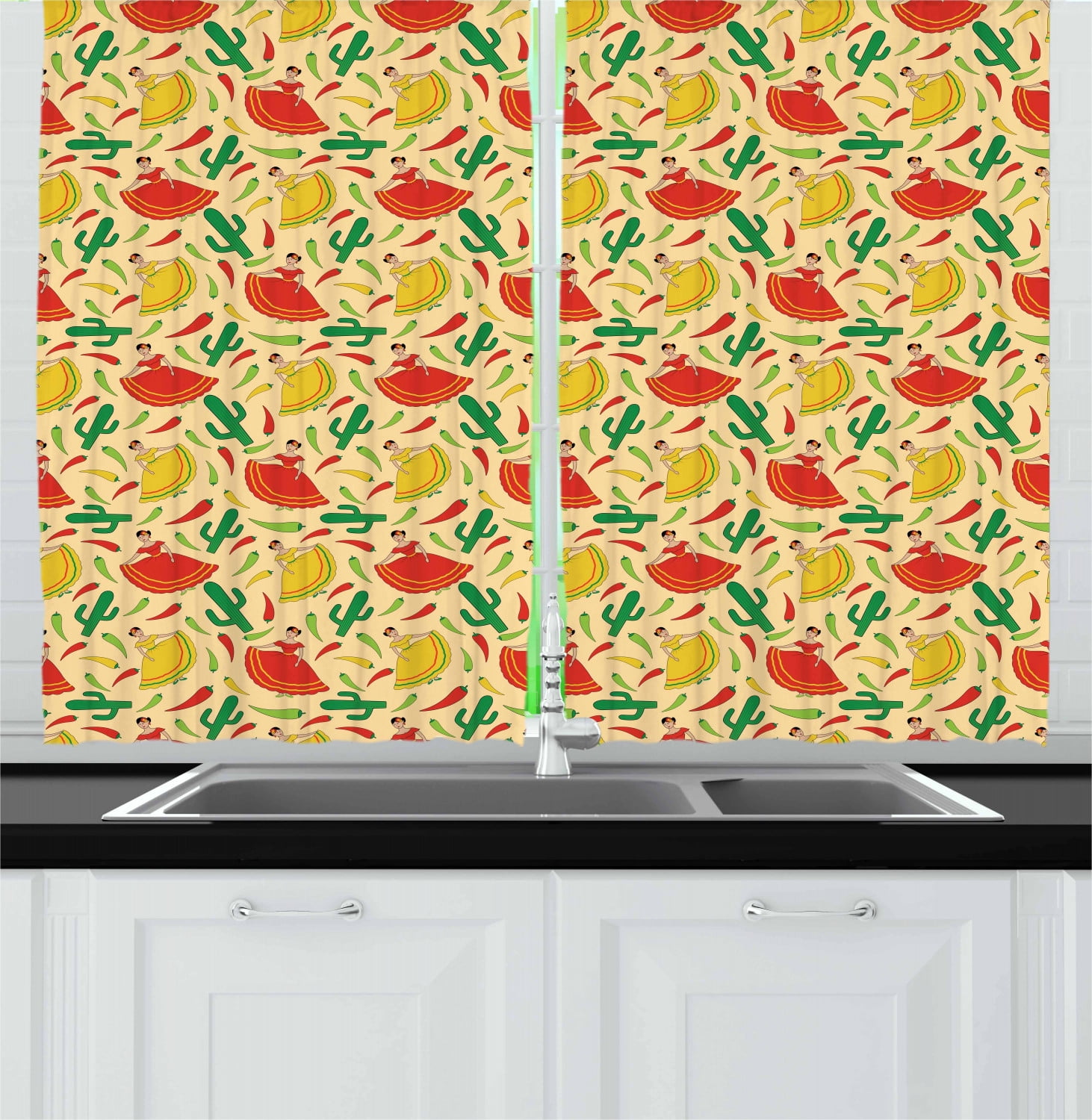 Spanish Curtains 2 Panels Set, Dancing Mexican Women Cactus and Chili