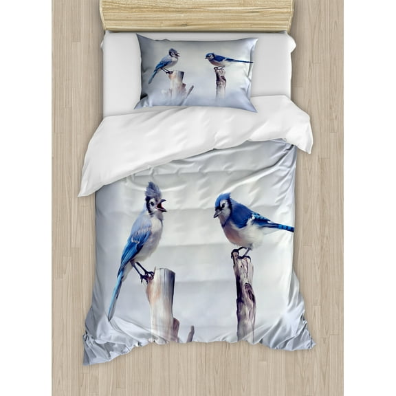 Animal Duvet Cover Set, Bluish Jay Birds Perching on Thin Tree Log Smoky Cloudy Backdrop, Decorative 2 Piece Bedding Set with 1 Pillow Shams, Twin Size, Pale Purpleblue and Sea Blue, by Ambesonne