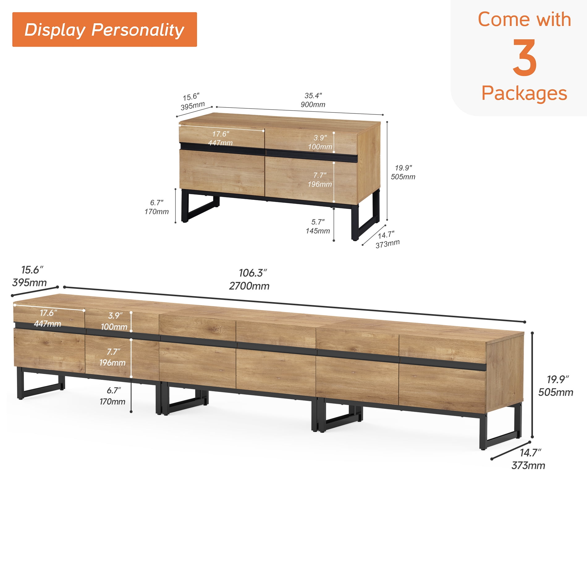 Modern 3-Piece Living Room Set, 106 Inch TV Stand And 2 End Table Sets With Drawers, Media Console with Storage Shelves, Sturdy Wood Frame & Metal Legs, Contemporary Furniture for Living Room,Oak