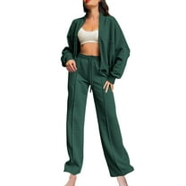 UYISJ Two Piece Sets for Women Going Out Zipper Sweatsuits Casual Straight Leg Pants Set 2 Piece Travel Outfits with Pockets Green L
