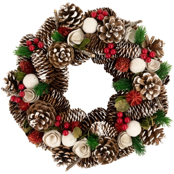 Northlight White Wooden Rose and Pine Cone Artificial Christmas Wreath - 14" - Unlit