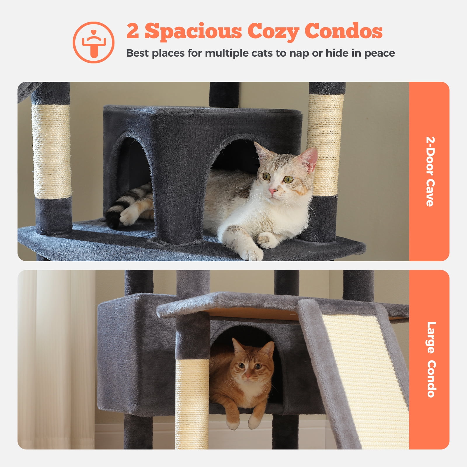 Pefilos 81" Tall Cat Tree for Indoor Cats, Multi-Level Cat Tower with Metal Frame Hammock, Scratching Ramp, 2 Top Perches, 2 Cozy Condos & 6 Scratching Posts, Dark Gray