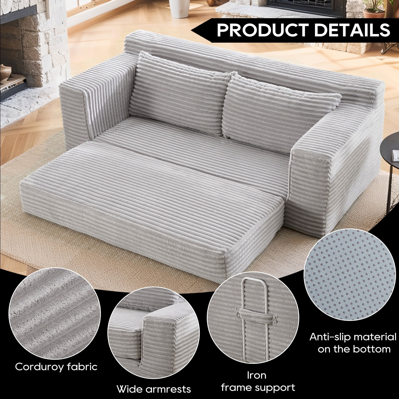 Leumius Convertible Loveseat Compression Sofa for Living Room,Corduroy 2 Seater Couch Memory Foam Sofa for Small Spaces,Apartments,Office,Grey