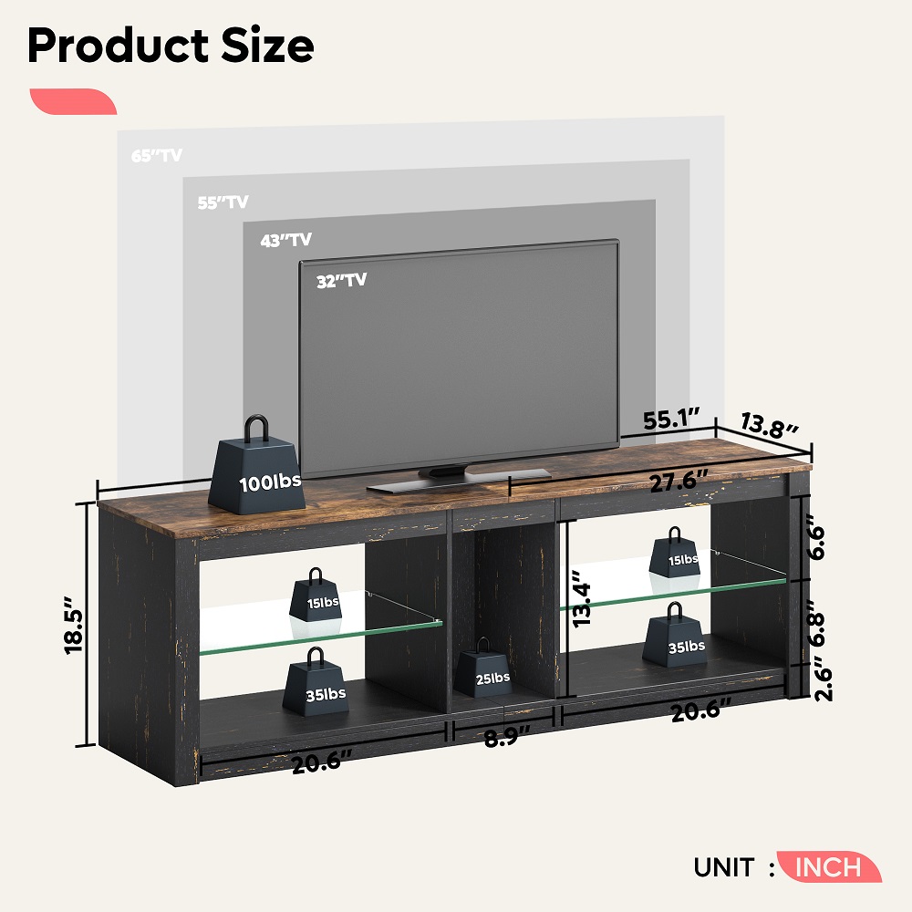 Bestier LED TV Stand for 65 inch TVs, Entertainment Center with Storage,TV Console Table for Living Room with Adjustable Shelves,Golden Black