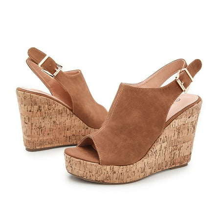 

Cathalem Fish-Mouth Sandals Ladies Open-Toe Hollow Summer Women Buckle Belt Wedges Shoes Sketches Sandals Women s Flip Flop Brown 9