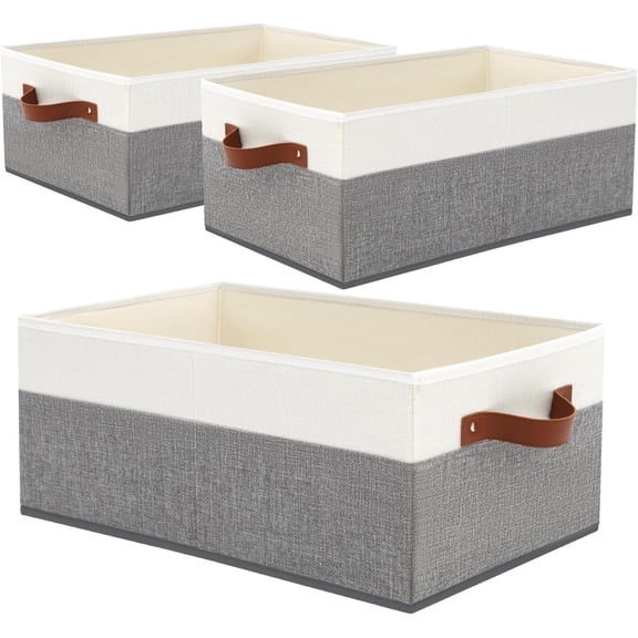 3 Pack Large Capacity Storage Bins Closet Organizer for Shelves | Fabric Closet Storage Baskets Boxes with Leather Handles for Organizing Clothes, Sheets, Jeans, Toys, Books (Grey)