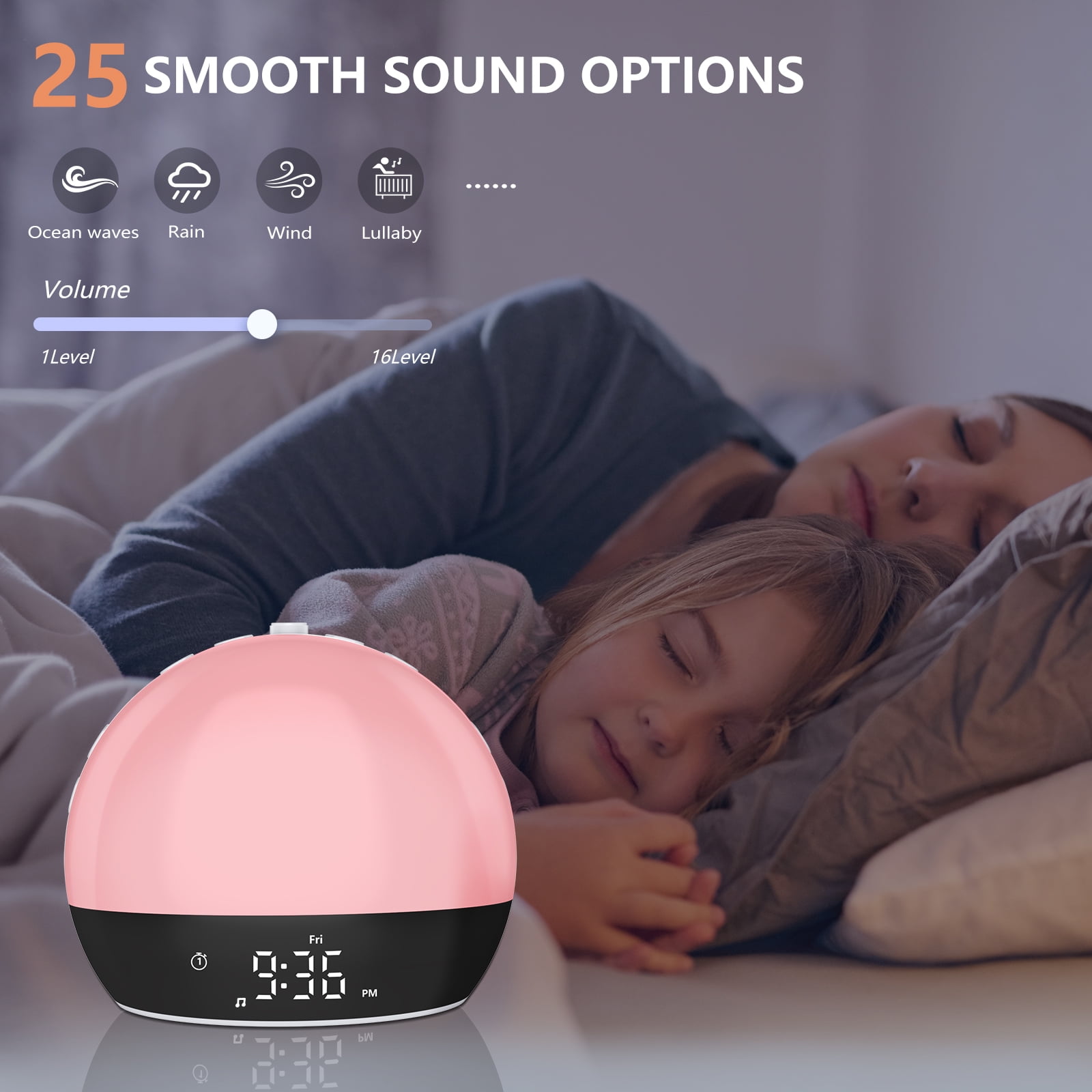 Sunrise Alarm Clock Sound Machine, Wake Up Light with Sunset Simulation, Dimmable Clock for Bedroom, Night Light & 25 Sleep Sounds, White Noise Machine,Wake Up Light Alarm Cloc