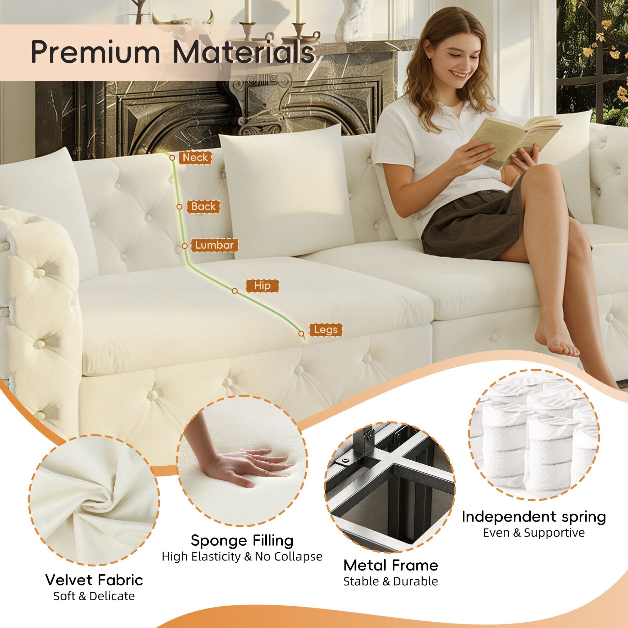 DEALTOPS 89 Inch Chesterfield Tufted Velvet 3 in 1 Pull Out Sofa Bed, 4 Seater Tuxedo Living Room Couch, Beige