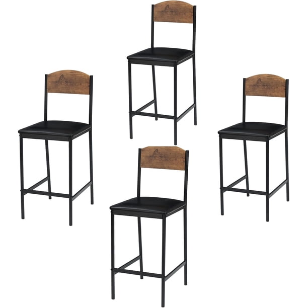 Silla de Bar Alta con Respaldo Curvo - Tapizado en Piel Sintética, 300 lbs Capacidad, Marco de Metal, Marrón,4 sillas