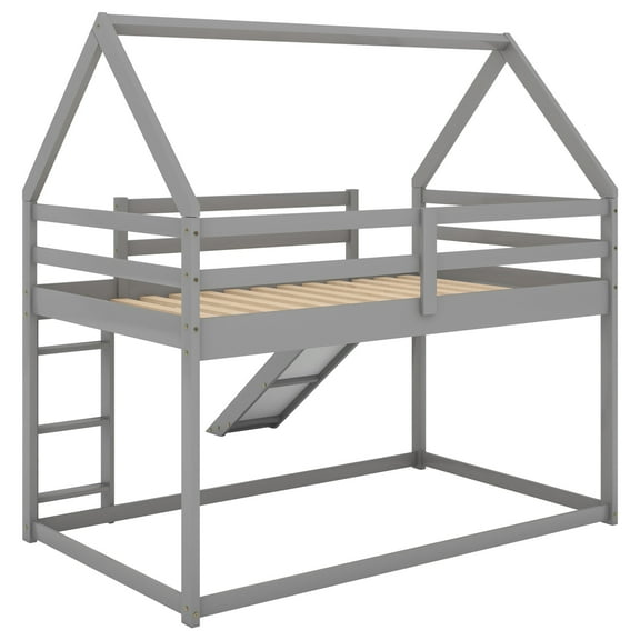 [US IN STOCK] Twin Size Bunk House Bed with Slide and Ladder,Gray