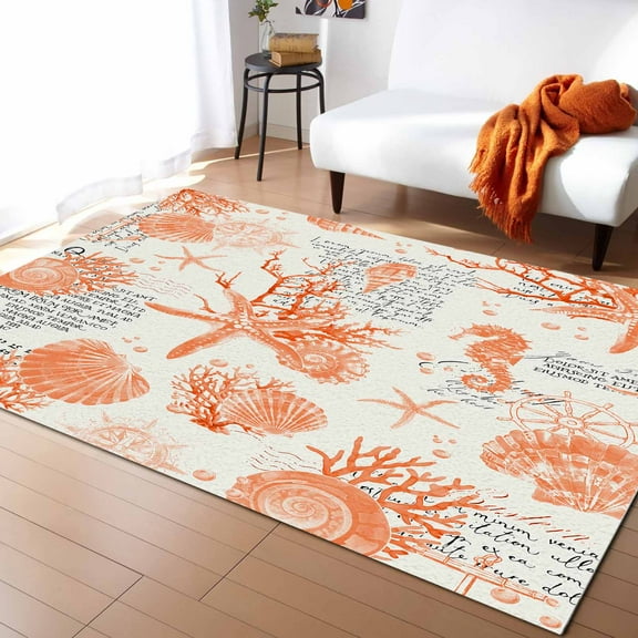 Area Rugs Indoor Non-Slip Rectangle Rug 2.7x5 Ft Orange Coastal Rug Rubber Backing Floor Mats Non Shedding Home Decor Carpet for Entryway Living Room