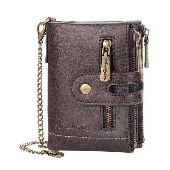 Genuine Leather Soft Bifold Rfid Wallets for Men Coin Purse Keychain Snap Zip Wallet with Chain 4 Retro Colors to Choose