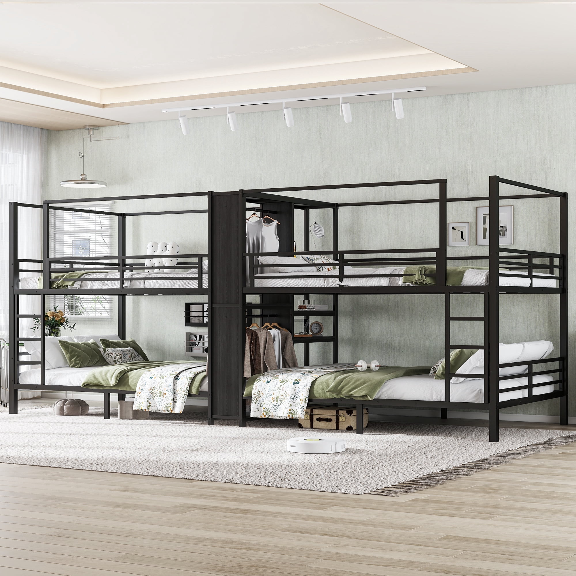 Queen Size Quadruple Metal Bunk Bed,Quadruple Bunk Bed with Built-in Storage Shelves & Wardrobe,Noise-reduced Design,Black