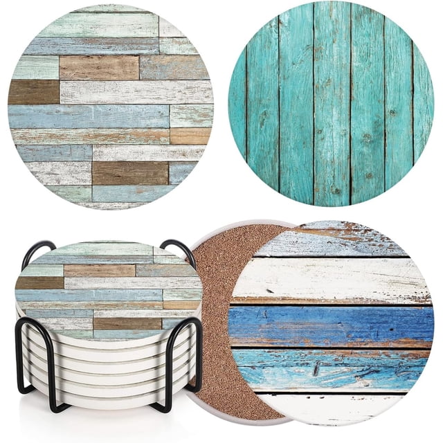 LHSHID Coaster for Drinks Set of 6, Retro Wood Absorbent Round Ceramic Stone Mat, with Cork Base and Metal Holder, Gift for Housewarming Room Bar Decor
