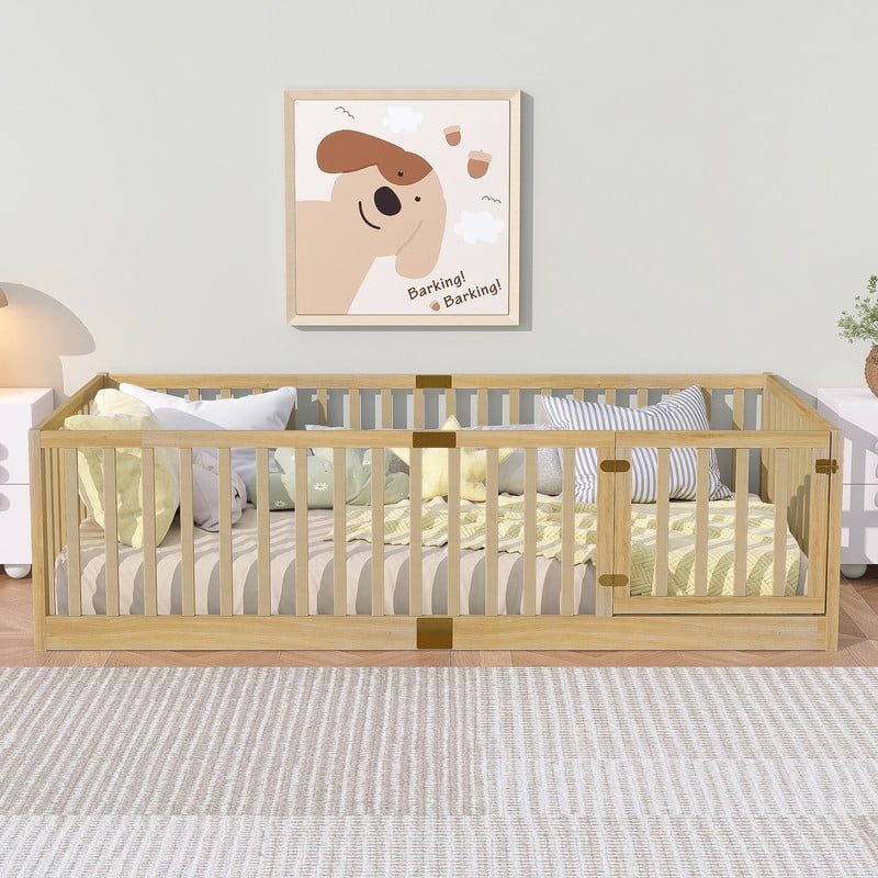 Mirightone Twin Size Floor Bed, Wood Montessori Floor Beds with High Fence Railings, Door & Slats Support, Twin Playhouse Bed Frame, No Box Spring Needed, Natural