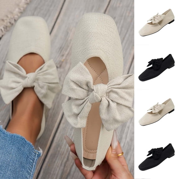 Lenago Bowknot Ballet Flats for Women Wide Width Round Toe Walking Shoes Casual Womens Dress Shoes Office Shopping Party Travel Black Size-9