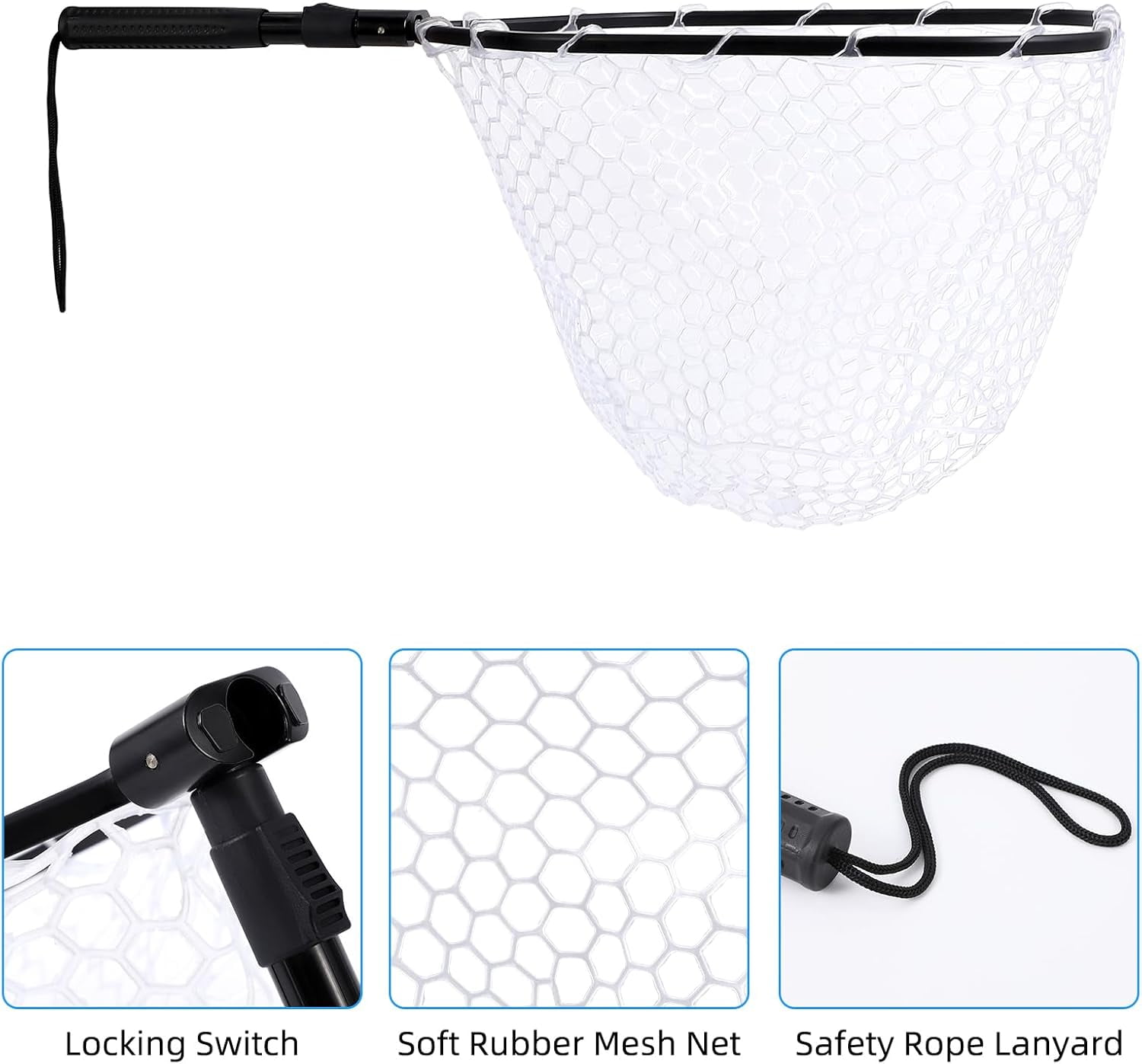 ATENOW Fly Fishing Landing Net Trout Fishing Net, Soft Rubber Catch and Release Fish Net with Wooden Handle Frame, 63*30.5*2.5cm