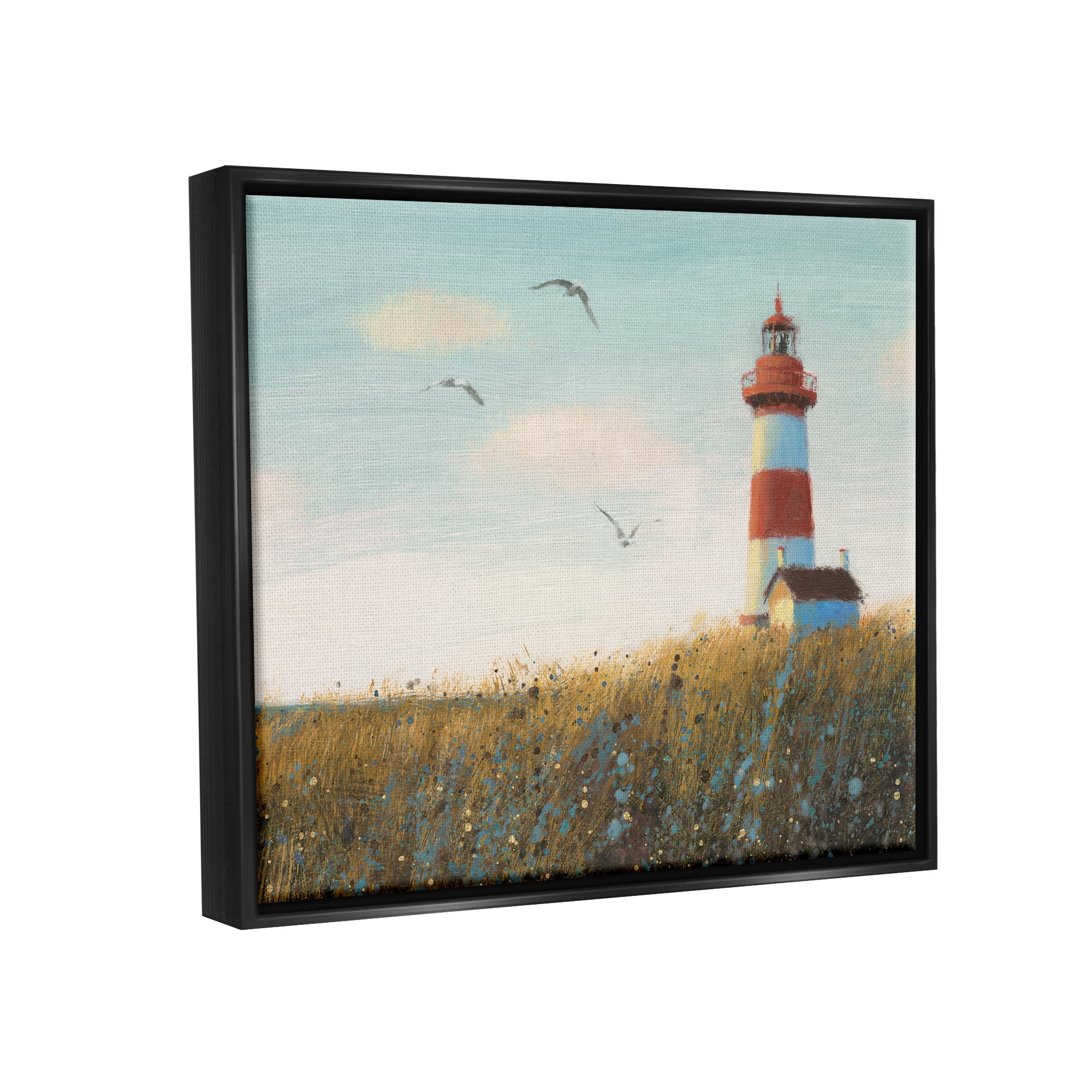 Stupell Industries Coastal Lighthouse Painting Nature Painting Black Floater Framed Art Print Wall Art, 31 x 25
