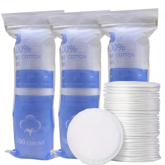 3 Packs/300 Pieces Of Pure Round Soft Double-Sided Cotton Pads, Suitable For Gentle Makeup Removal And Beauty Care Of Light Beige Skin