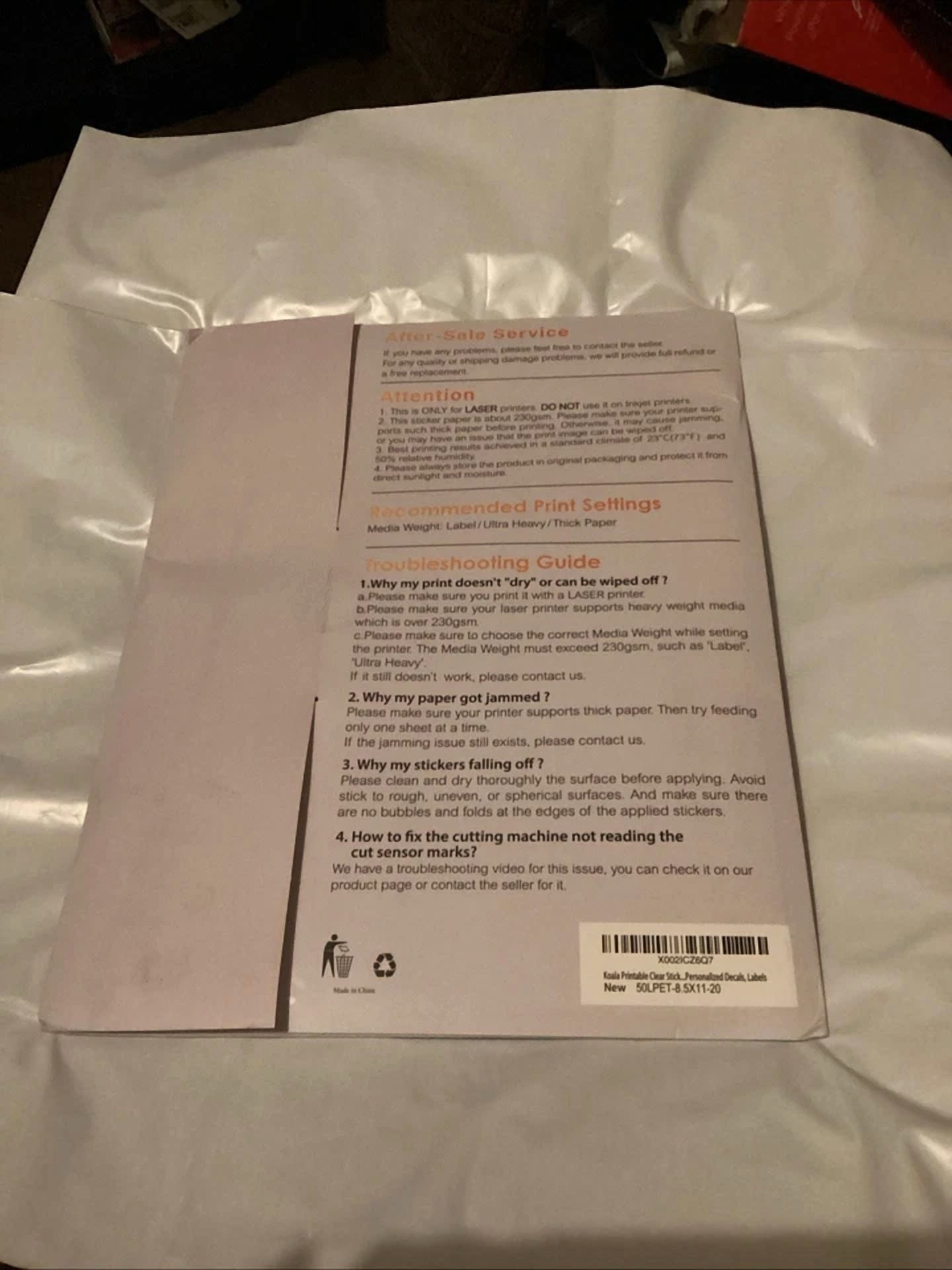 CRESTIN- 20 Koala Clear Sticker Paper For Laser Printable Vinyl Waterproof Transparent M3