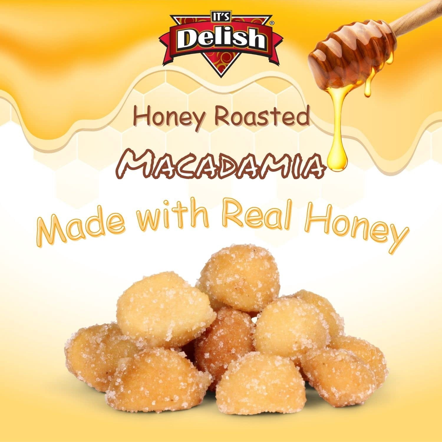 Honey Roasted Macadamia by It's Delish, 2.6 LBS Reusable Jumbo Container  Gourmet Macadamia Nuts in Honey Sugar Coating, Sweet & Heart Healthy Salted Nut, Kids Snack - Non-Dairy, Kosher Parve