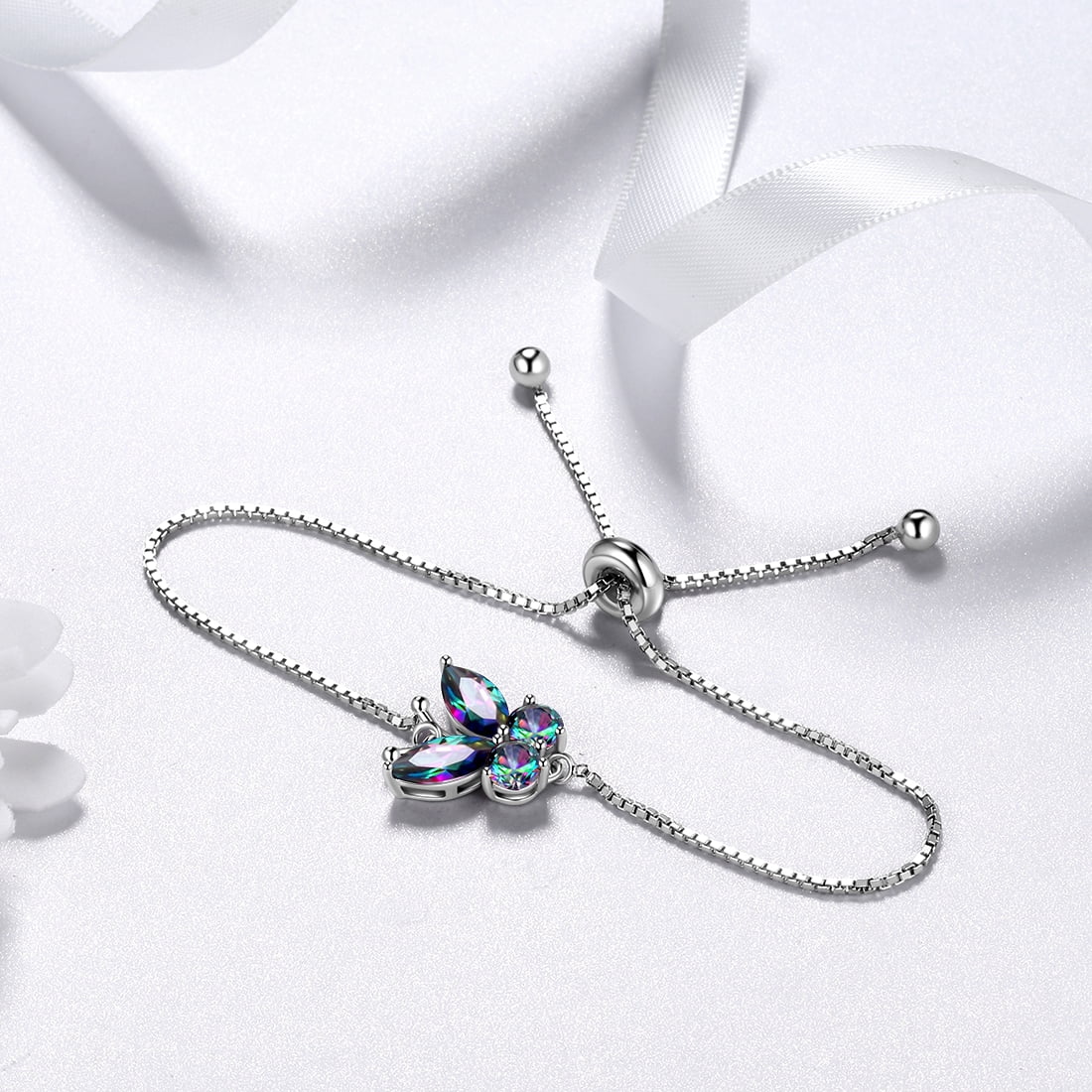 Juwaliy Rainbow Mystic Topaz Bracelets 925 Sterling Silver Butterfly Bracelet Crystal Jewelry Women Christmas Valentines Mothers Day Gift for Her/Wife