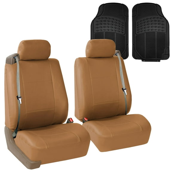 FH Group Integrated Seatbelt Seat Covers for Sedan, SUV, Van, Truck, Two Front Buckets with Front Floor Mats, Tan