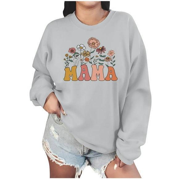 Penkiiy Mujeres de manga larga Mama Sudaderas de cuello redondo Suéter suelto blusa ligera Tops S Gris