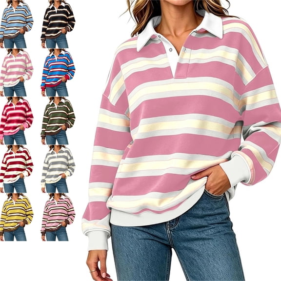 AHTJRT Y2k Women Striped Rugby Shirt Long Sleeve Collared Oversized Sweatshirt Vintage Jersey Streetwear Top Casual Loose Outdoor Sports Golf Pullover