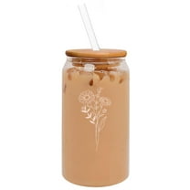 16oz Can Shaped Glass Iced Coffee Cup with Bamboo Lid and Straw Gift Birth Month Flowers (April - Daisy)