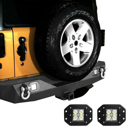 JK Rear Bumper + 2x Square LED Lights Combo, Compatible for 07-18 Jeep Wrangler Unique STAR GUARDIAN Design, Upgraded Textured Black Off Road w/ 2