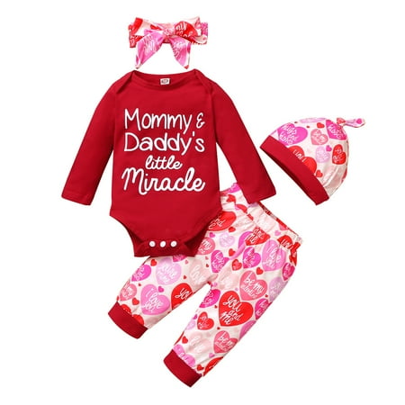 

NZRVAWS Newborn Baby Girls Outfits Valentine s Day Outfits 0 Months Baby Girls Letter Print Romper 3 Months Baby Girls Top Heart Print Pants Headband Hat 4Pcs Clothes Set Red