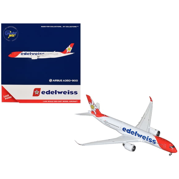Airbus A350-900 Commercial Aircraft with Flaps Down Configuration "Edelweiss Air" (HB-IHC) White with Red Tail 1/400 Diecast Model Airplane by GeminiJets