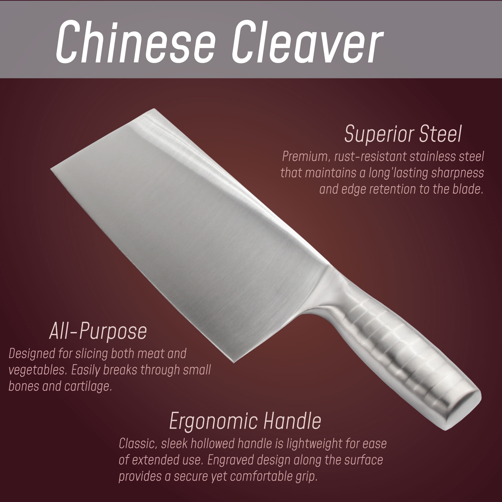 BambooMN Chinese Cleaver - 8.5" Smooth Stainless Steel Blade Silver Handle - 1 Knife