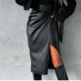 thumbnail image 2 of qolati Faux Leather Skirts for Women Bodycon A Line Wrap Midi Skirt High Waisted Ruched Business Work Pencil Skirt, 2 of 6