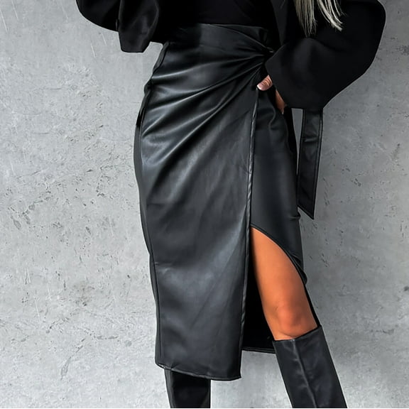YTCAMLO Faux Leather Midi Skirts for Women Fashion Ruched Wrap Skirt High Waisted Zip Back Long Skirts Front Slit Bodycon Pencil Skirt, Black S
