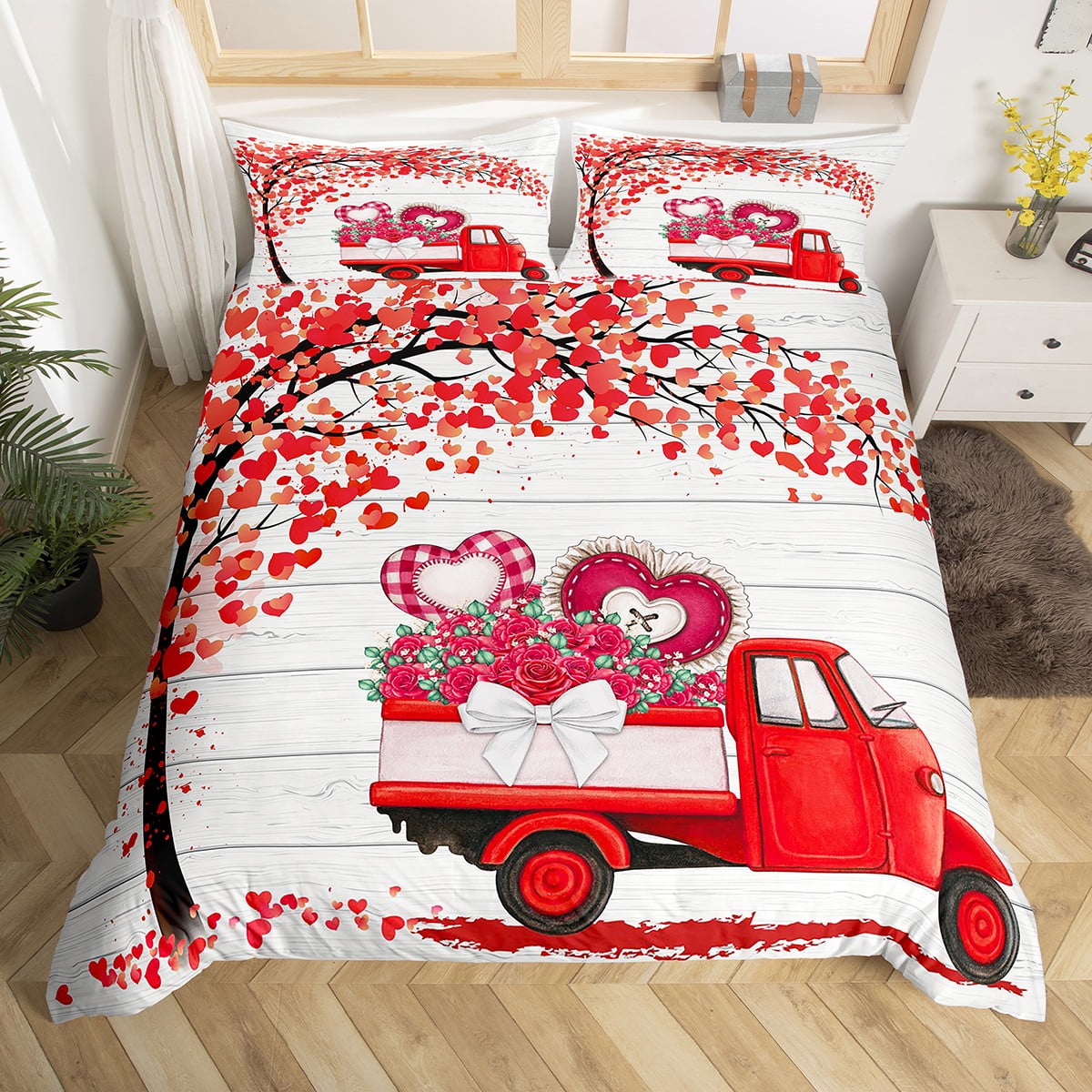 Valentines Tractor Duvet Cover King Girly Red Heart Tree Bed Set Kids Girls Rose Floral Bedding Set Red Vehicle Truck Comforter Cover Love Geometric Quilt Cover Heart Pattern Bedspread Cover 3Pcs Walm...