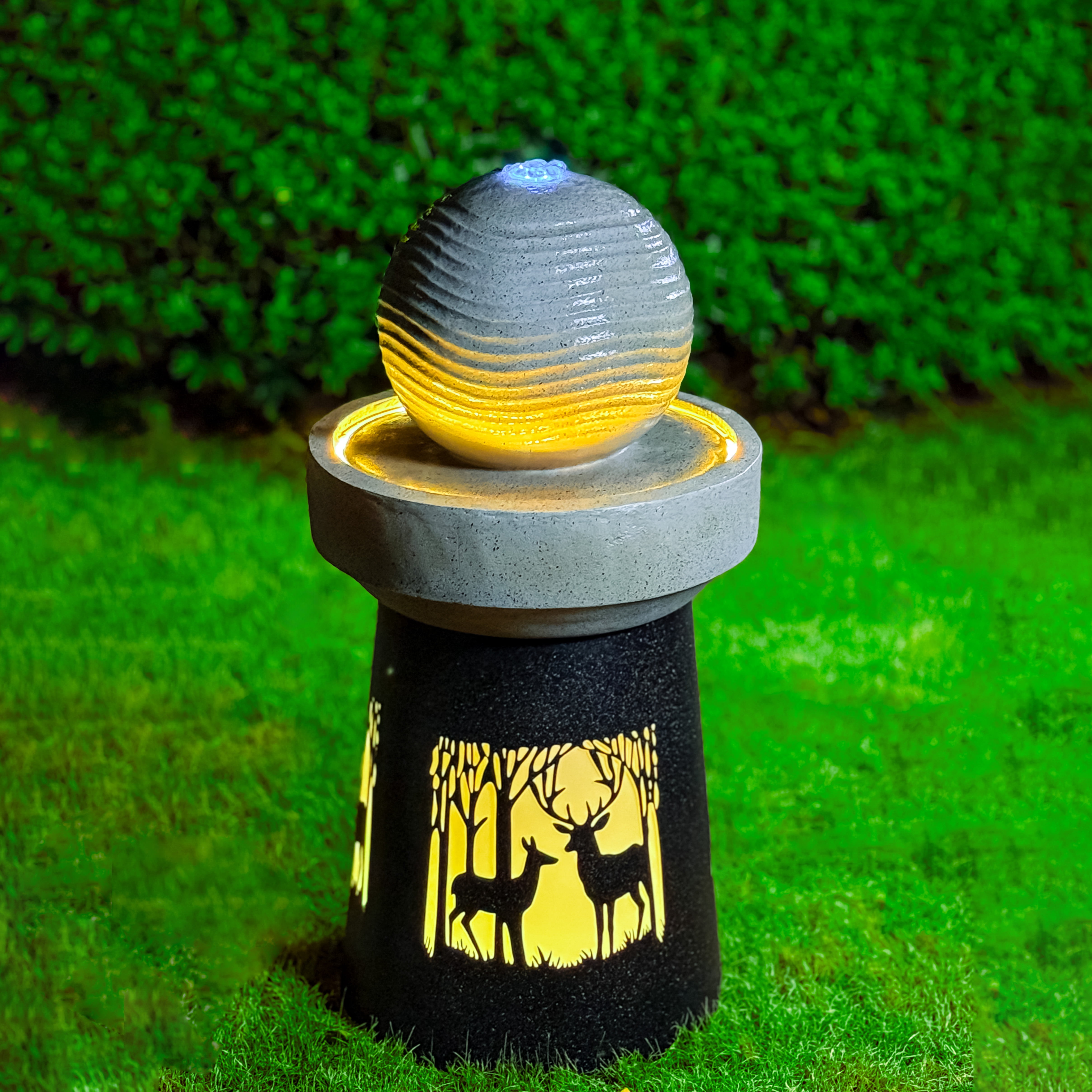 Mintazer 32.1" Modern Spherical Water Fountain with LED Lights, Outdoor Garden Fountain with Leaf Silhouette Base for Patio Yard Porch Landscape