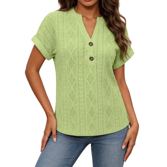 Sevevn Women's V Neck Button Down Short Sleeve Blouse Casual Loose Fit Eyelet Embroidery Tunic Tops Green M