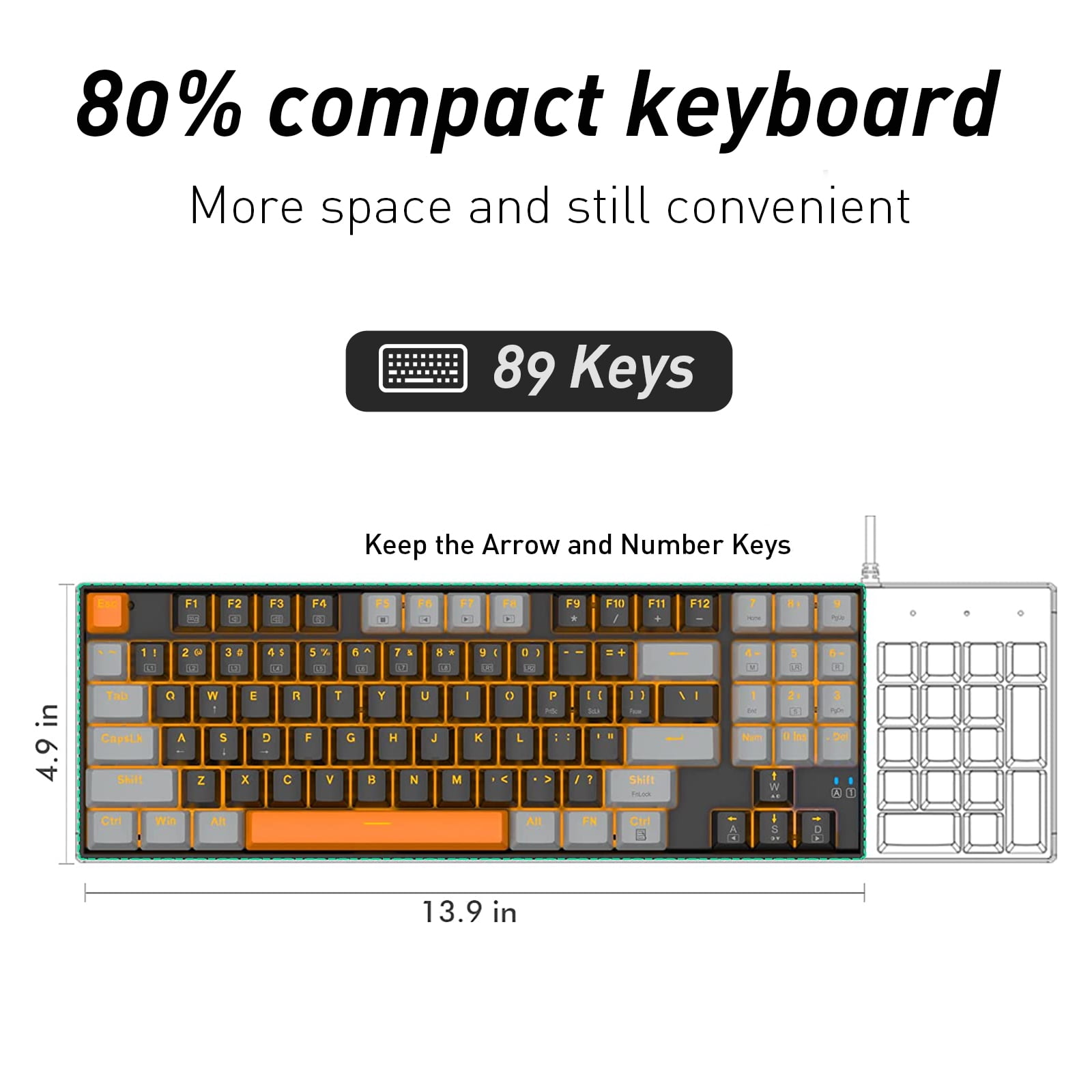 Mechanical Keyboard, E-YOOSO Wired Compact LED Backlit Computer Keyboard with Number Pad, 89 Keys Mechanical Gaming Keyboard with Brown Switch for Windows/Mac, Laptop/PC
