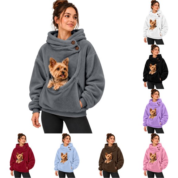 YMNXA Women Pet Pouch Hoodie Yorkshire Terrier Print Long Sleeve Pullover Button Collar Sweatshirt with Front Pocket for Small Pets Winter Travel Party,2XL
